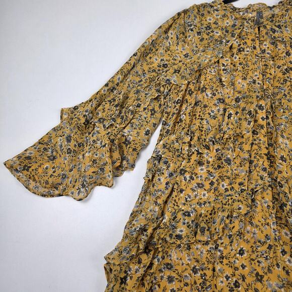 Anthropologie Romper Womens Medium Yellow Floral Long Sleeve Ruffle Tiered Boho - Picture 4 of 16